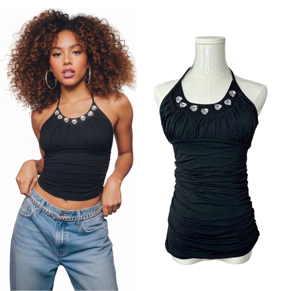 2B Bebe Y2K Vintage Ruched Halter Top Black Rhinestone Heart Gem Sz M